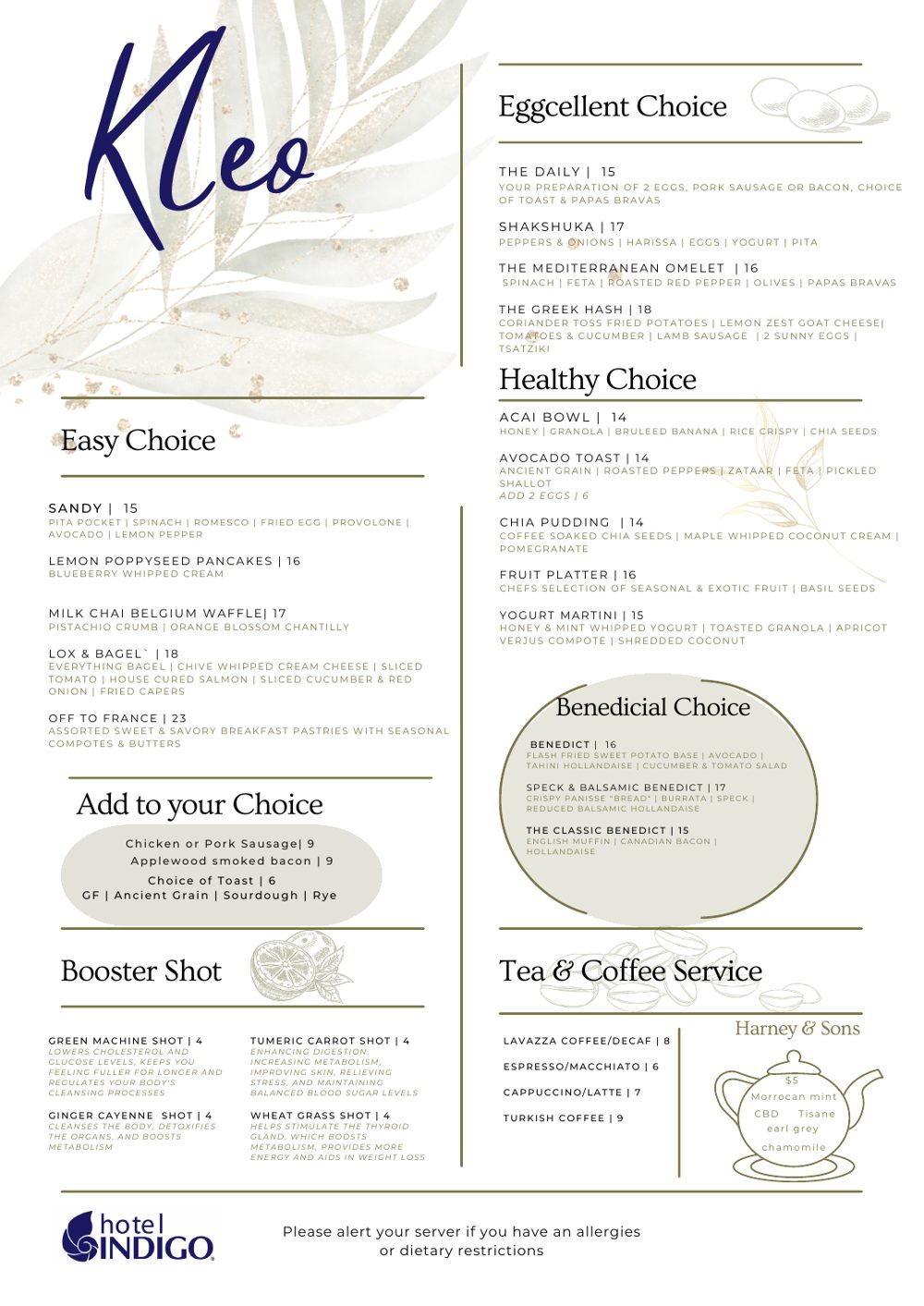 Kleo menu at Hotel Indigo