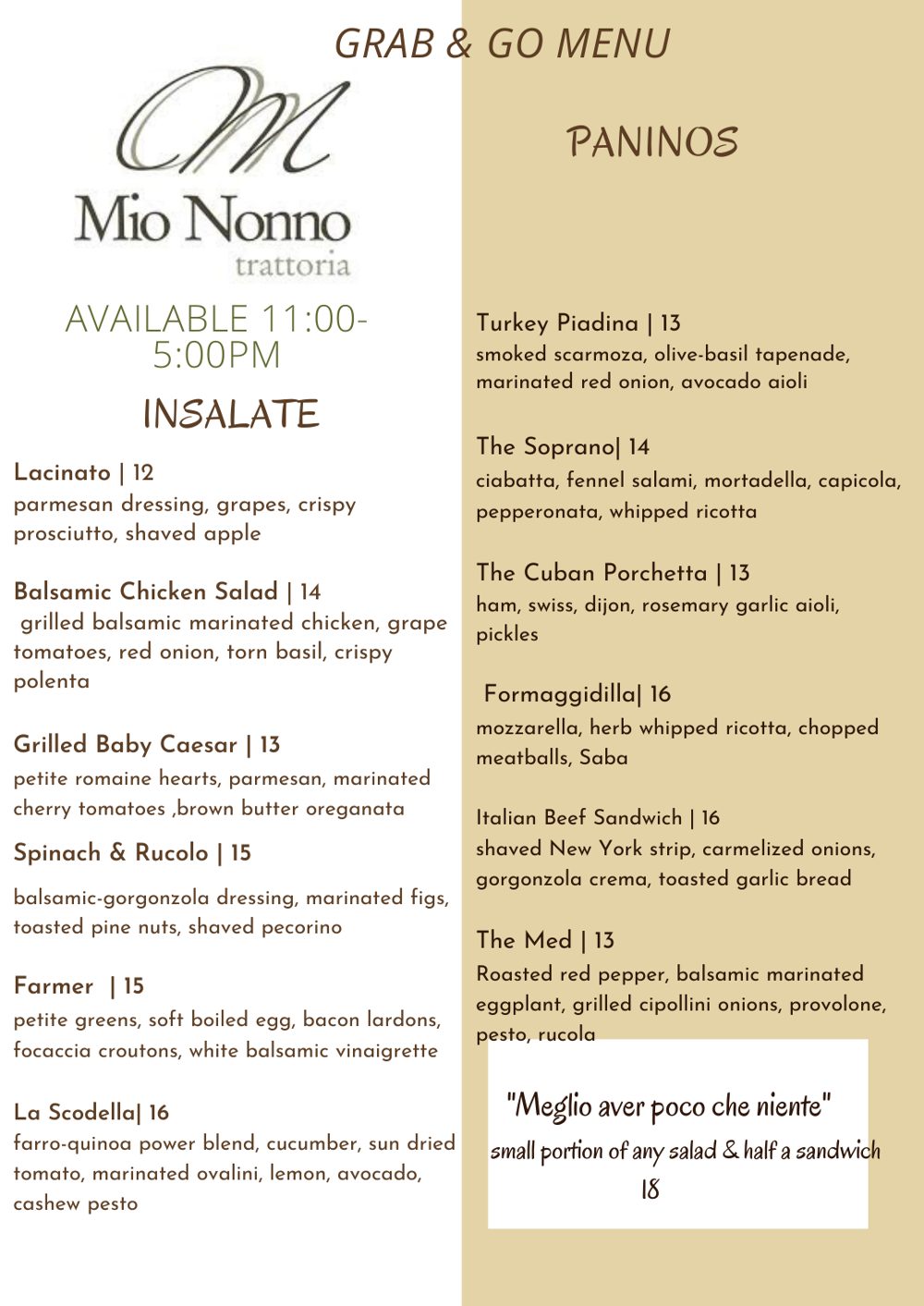 Mio Nonno Trattoria menu