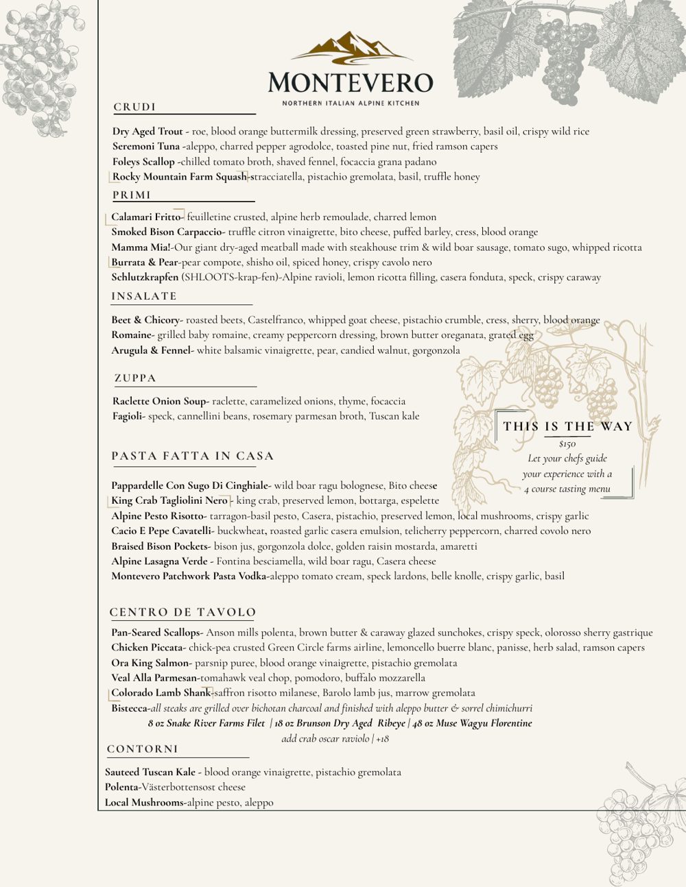 Montevero menu, Northern Italian Alpine Kitchen
