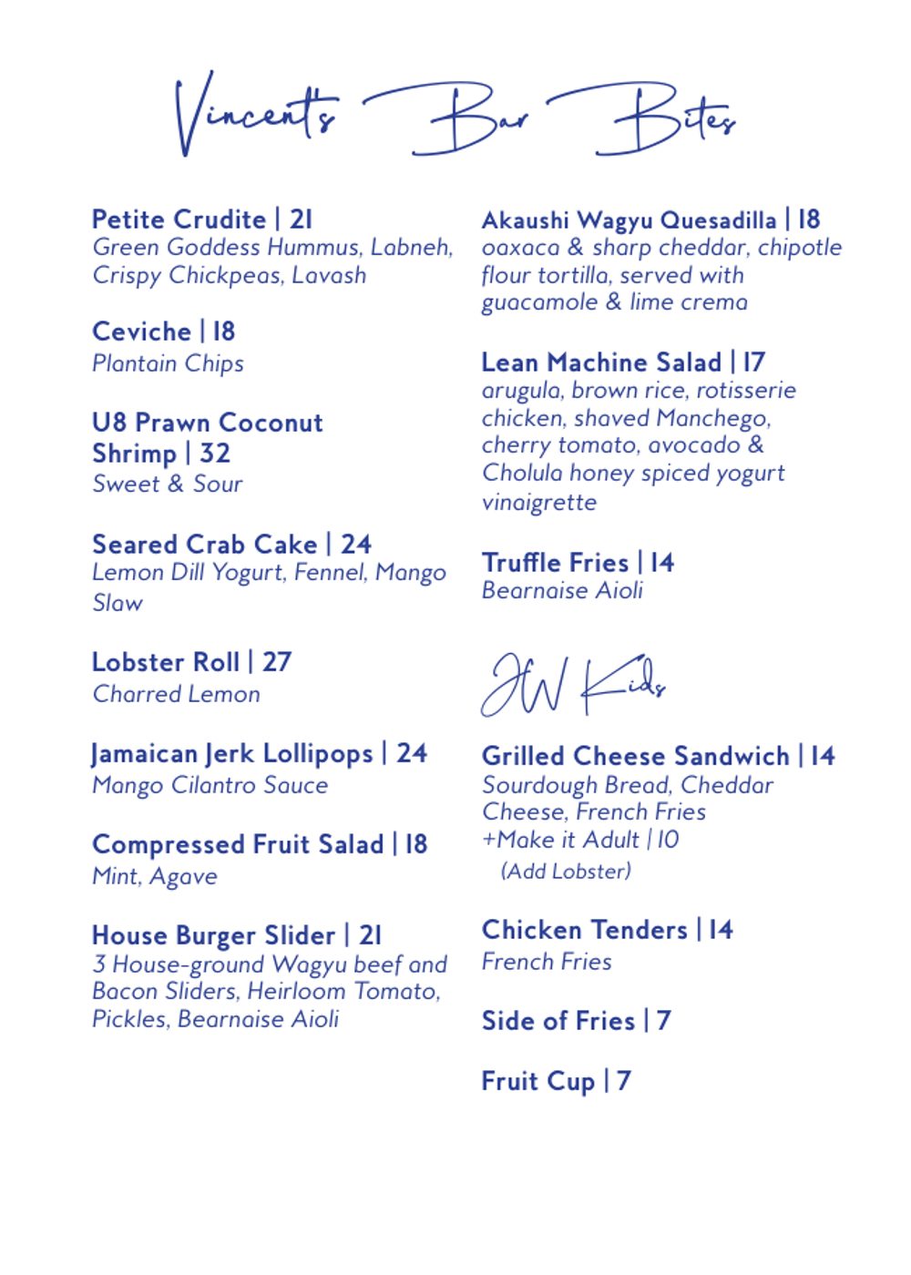 Vincent's Bar Bites menu, Virgin Hotels Dallas