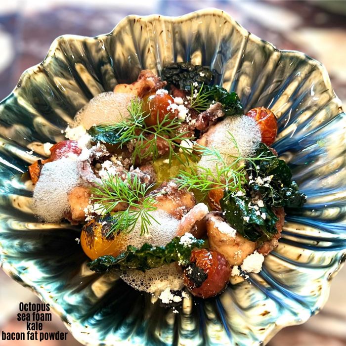 Plated dish: gnudi, caviar, brown butter sauce