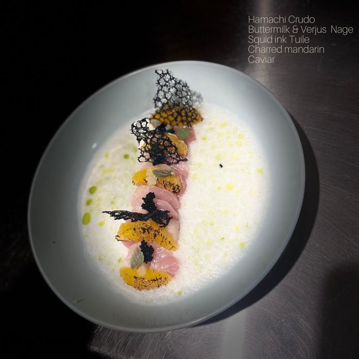 Plated dish: hamachi crudo, buttermilk, squid ink tuile